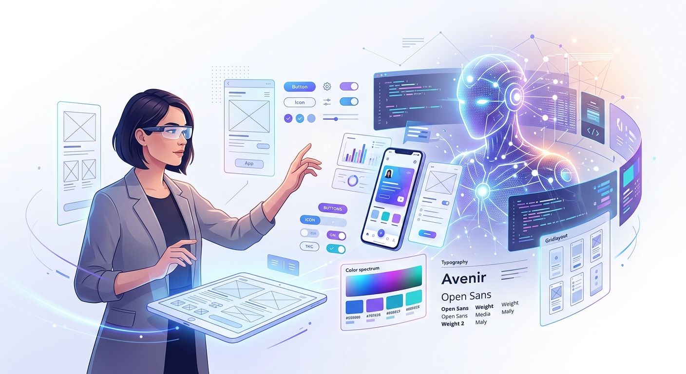 A designer interacting with a holographic UI interface and an AI assistant to create digital layouts