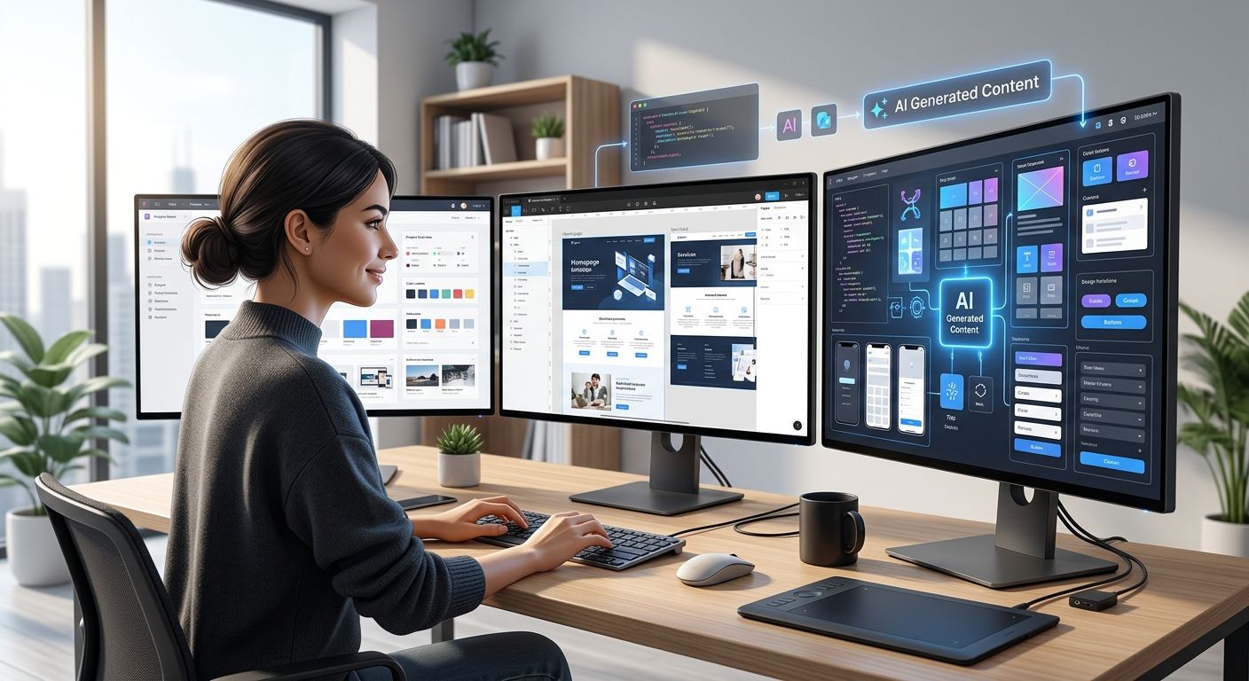Open Design AI. A designer working at a desk with three monitors, illustrating the integration of AI-generated content into the workflow