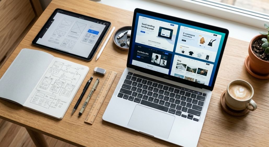Open Design AI. A designer's workspace with a laptop displaying website designs, a tablet with wireframes, and a notebook of sketches