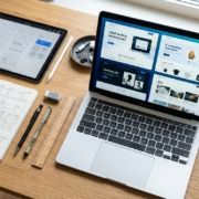 A designer’s workspace with a laptop displaying website designs, a tablet with Blog - Open Design AI. A designer's workspace with a laptop displaying website designs, a tablet with wireframes, and a notebook of sketches