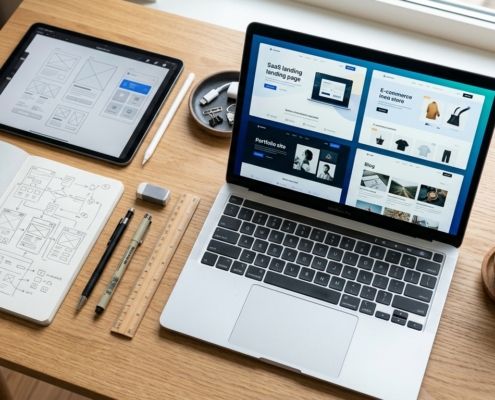Open Design AI. A designer's workspace with a laptop displaying website designs, a tablet with wireframes, and a notebook of sketches
