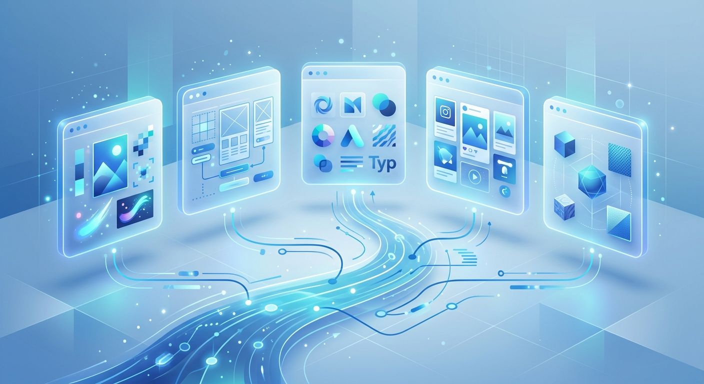 Abstract comparison of multiple AI design platforms represented as elegant floating interface cards connected through a central design workflow. Modern technology illustration, clean layout, blue gradients, minimal style, editorial infographic, no logos, no text.