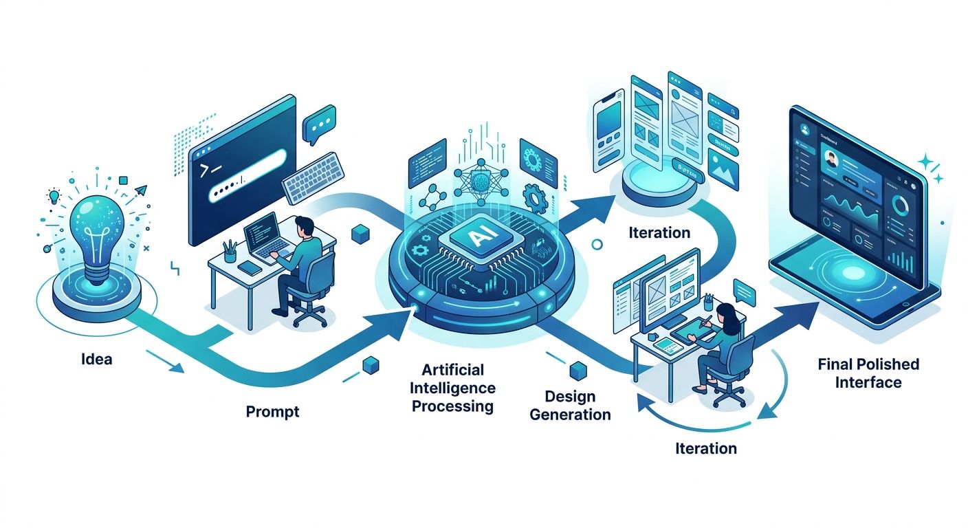 Clean conceptual workflow illustration showing the AI design process: idea, prompt, artificial intelligence processing, design generation, iteration and final polished interface. Connected through elegant arrows and abstract visual elements. Modern flat-isometric style, white background, blue gradients, premium SaaS illustration, no labels, no text.