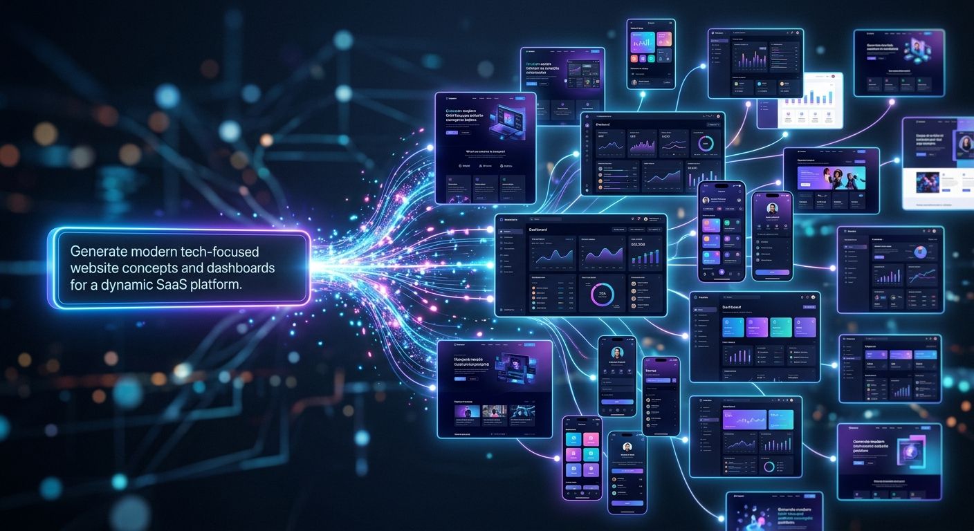 Close-up of a modern interface showing an AI prompt transforming into multiple website concepts, dashboards, mobile apps and user interfaces. Floating design variations connected to a single prompt input. Futuristic, elegant, blue and purple palette, highly detailed, editorial quality, no text.