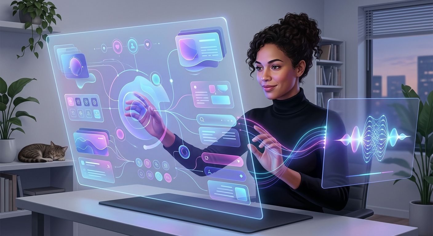 Open Design AI. Creative professional collaborating with artificial intelligence while designing the future of digital products. Abstract interface elements, glowing design systems, creative flow, optimistic atmosphere, premium editorial illustration, soft blue and violet lighting, ultra realistic, no text.