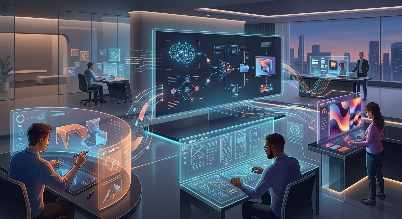 Open Design AI. Multiple futuristic design workspaces representing different AI-powered design platforms connected through an integrated creative workflow. Abstract interface elements, clean minimal composition, premium technology illustration, editorial style, no branding, no logos, no text.