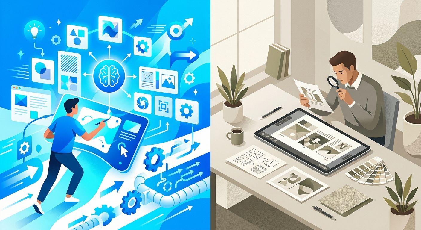 Split-screen illustration representing advantages and limitations of AI-assisted design. Left side shows creativity, speed, automation and productivity with bright blue tones. Right side shows human review, quality control and design refinement using softer neutral colors. Minimal editorial illustration, no text.