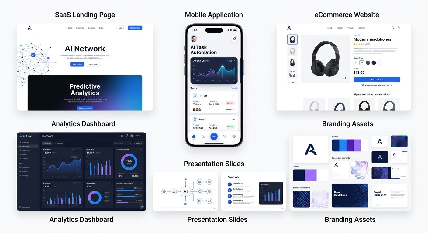 UI/UX design examples for SaaS, mobile apps, eCommerce, analytics dashboards, presentations, and branding