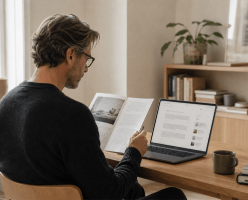 Consultor revisando contenido editorial y fuentes en un buscador generativo