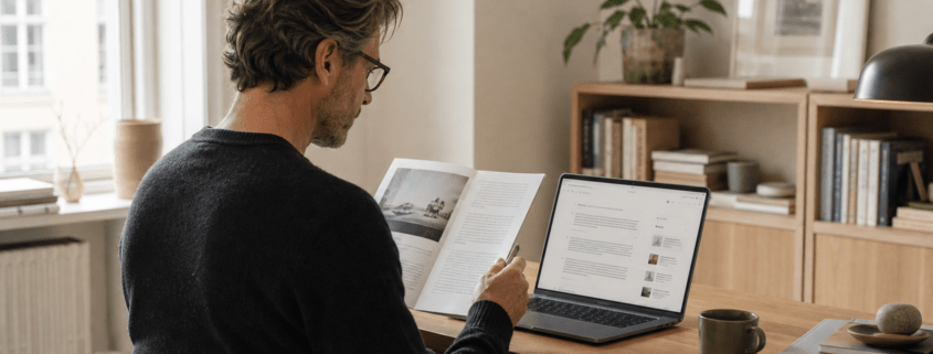 Consultor revisando contenido editorial y fuentes en un buscador generativo